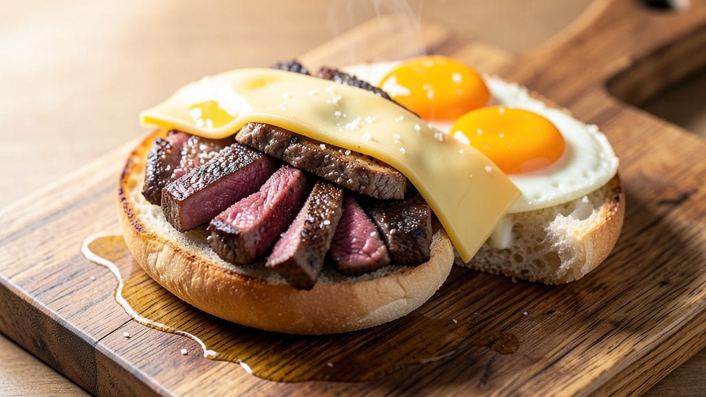Steak Egg and Cheese Bagel Copycat Recipe: Crispy Toasted Bagel With Juicy Steak and Runny Yolk Magic